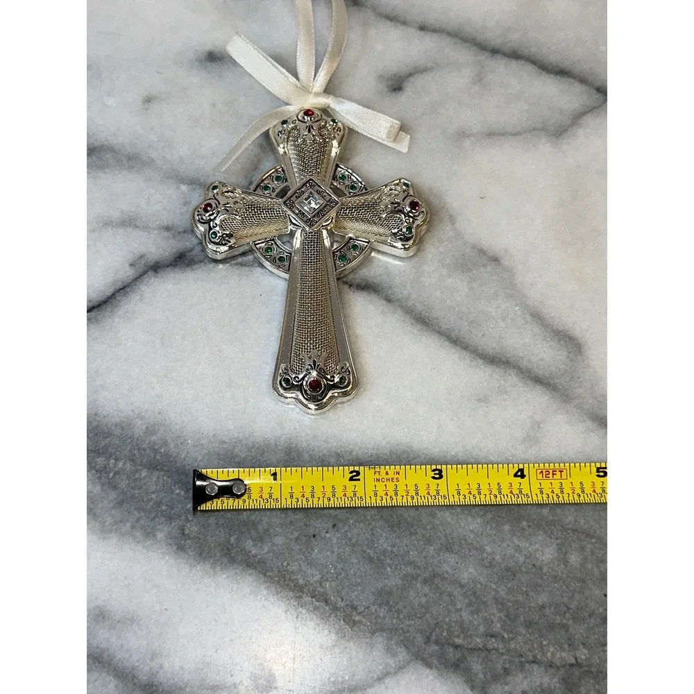 Towle Silver Plated Celtic Cross Christmas Ornament Jeweled Rhinestones 4.25in